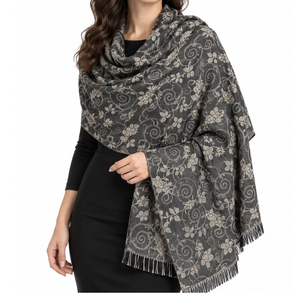 Women's Black Beige Floral Pashmina Scarf Viscose Acrylic Elegant Fringe Wrap